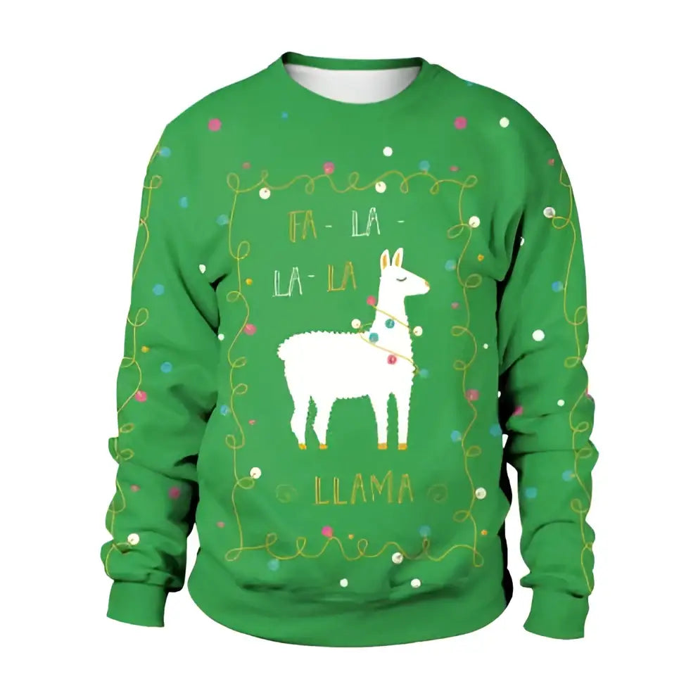 Green llama winter fashion ugly christmas sweater featuring white llama with colorful lights and gold ta-la-la-la llama text