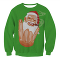 Green long-sleeved llama winter fashion sweater featuring cartoonish santa claus smoking cigar with obscene gesture