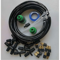 Black coiled garden hose with green and brass fittings and blue o-ring for copper outdoor misting adjustable lock type system