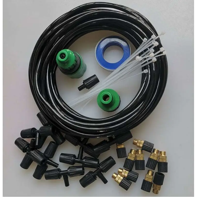 Black coiled garden hose with green and brass fittings and blue o-ring for copper outdoor misting adjustable lock type system