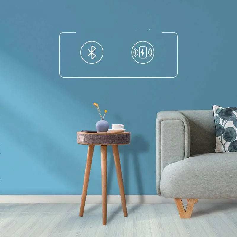Wooden tripod log color smart side table with wireless charging gray textured fabric top and light brown legs