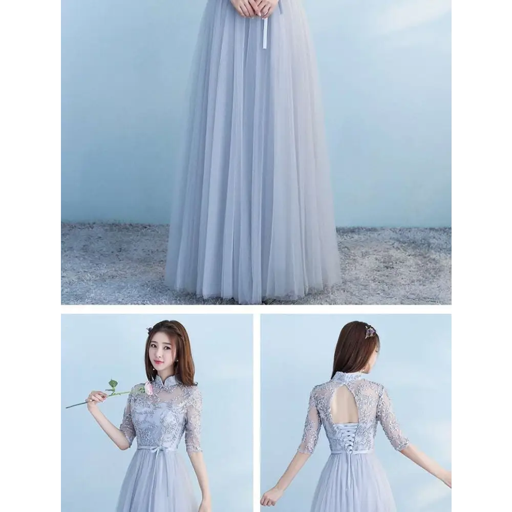 Long bridesmaid blue lace dress with sleeves featuring delicate lavender lace high neckline and open back lacing details