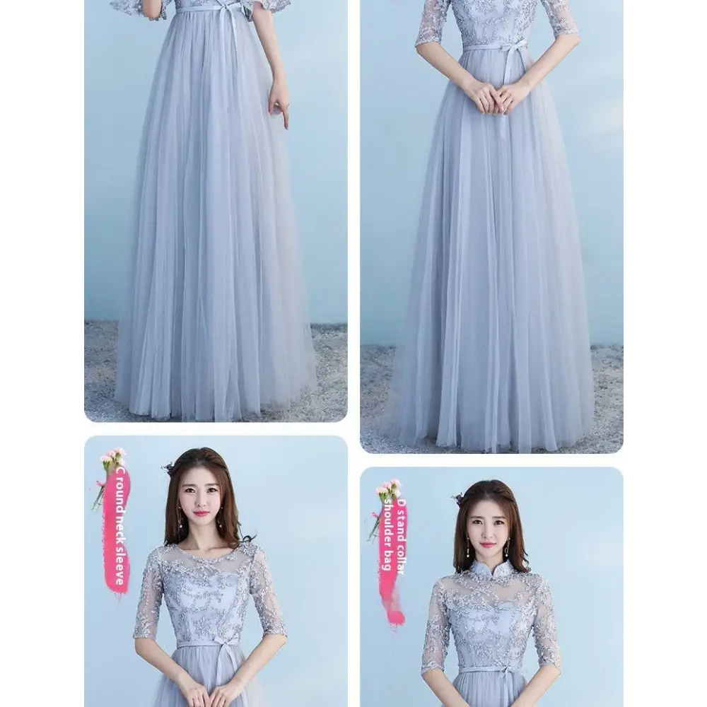 A long bridesmaid blue lace and tulle dress with three-quarter sleeves and a fitted bodice for blue wedding dress events