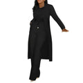 Black longline cardigan with relaxed fit and subtle front zipper detail in cardigan sunken stripe wide leg pants set