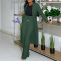 A woman wears a dark green cardigan sunken stripe longline with matching wide leg pants featuring a drawstring waist