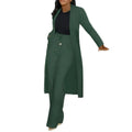 Dark green longline cardigan sunken stripe with relaxed fit and matching wide leg pants set for elegant wear