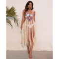 Long fringed panel beach blouse crochet dress in colorful geometric pattern with long beige fringe beach cover-up