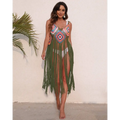 A vibrant green long fringed panel beach blouse crochet dress with colorful geometric pattern across the bodice