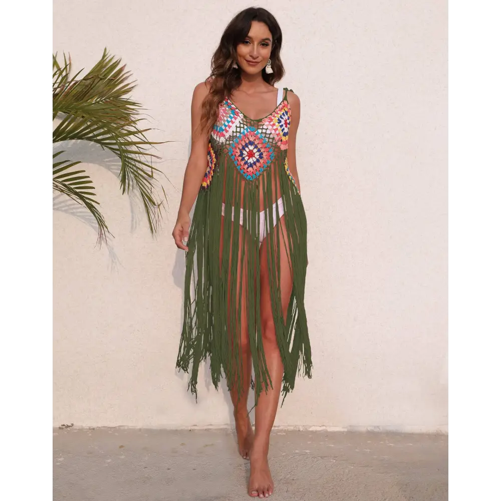 A vibrant green long fringed panel beach blouse crochet dress with colorful geometric pattern across the bodice