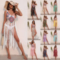 Long fringed panel beach blouse crochet dress with colorful geometric pattern and white tassel fringe detailing