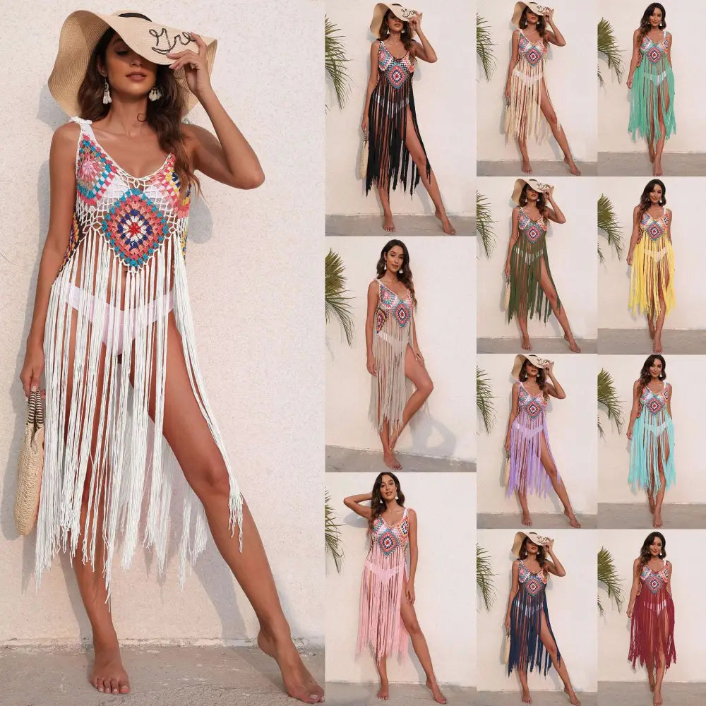 Long fringed panel beach blouse crochet dress with colorful geometric pattern and white tassel fringe detailing