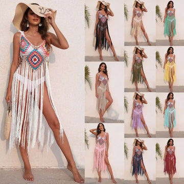 Long fringed panel beach blouse crochet dress with colorful geometric pattern and white tassel fringe detailing