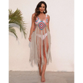 Colorful crocheted long fringed panel beach blouse with geometric pattern and beige tassels beachwear dress