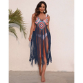Vibrant navy blue long fringed panel beach blouse crochet dress with colorful geometric patterns and fringe detailing