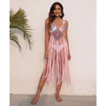 A vibrant pink long fringed panel beach blouse crochet dress with a colorful geometric pattern on the bodice