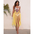 A vibrant multicolored blouse crochet dress with geometric pattern and long yellow fringe long fringed panel beach blouse