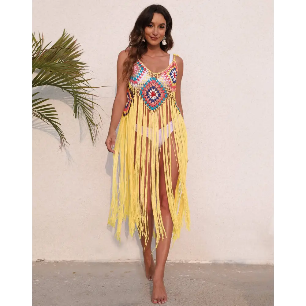 A vibrant multicolored blouse crochet dress with geometric pattern and long yellow fringe long fringed panel beach blouse