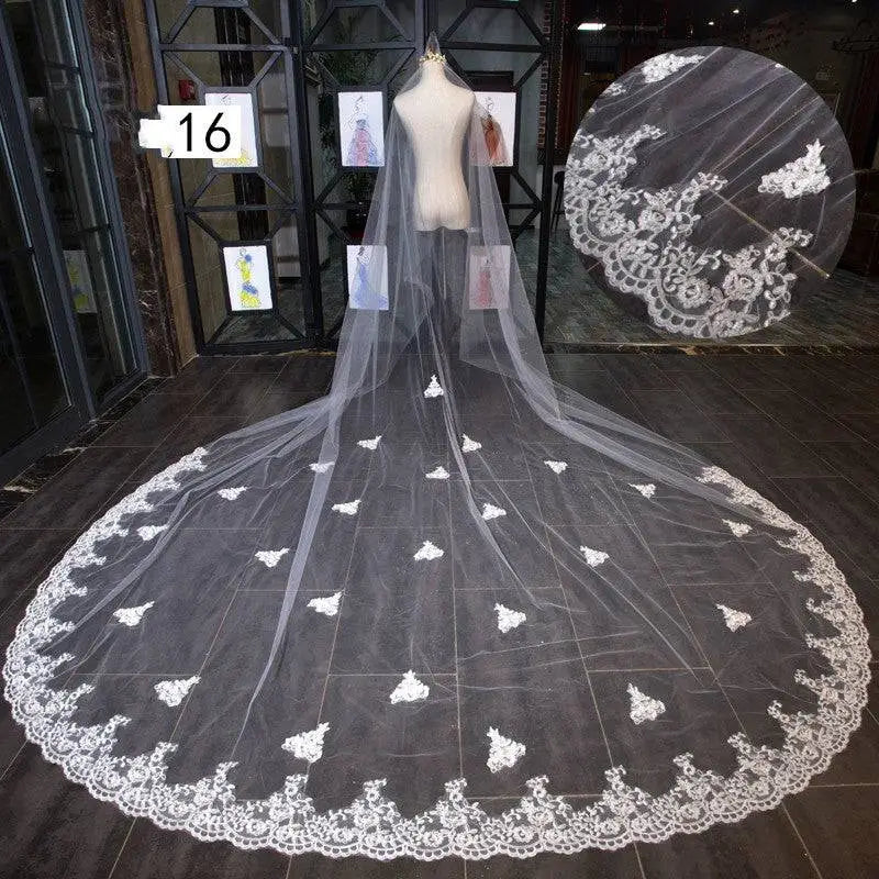 Long lace wedding veil meters wide style with intricate floral embroidery white lace and scalloped edge bridal veil