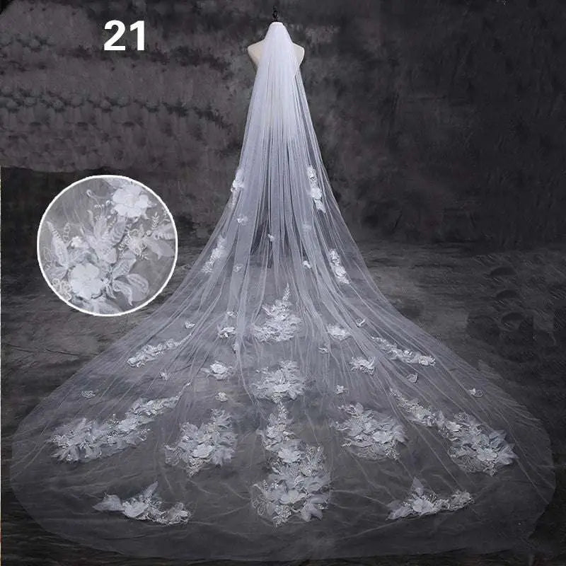 Long lace wedding veil meters wide style featuring delicate white lace with intricate floral embroidery and subtle sheen