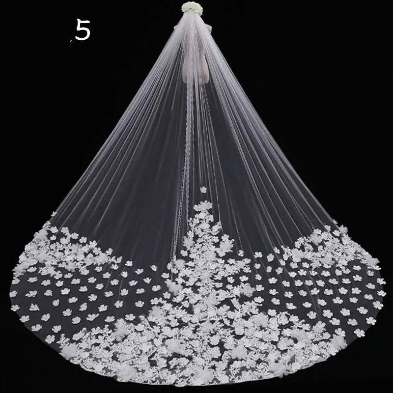 Long lace wedding veil meters wide style featuring a delicate white lace wedding veil with intricate floral embroidery and bouquet topper