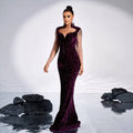 A deep purple sequined rhinestone fishtail gown with long sheer dotted sleeves for elegant banquet wear