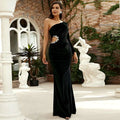 Black velvet one-shoulder evening dress with beaded waist accent and diagonal collar velvet cutout design