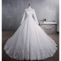 A white long sleeve lace wedding dress with intricate lace detailing, high neckline, and a large tail bridal gown