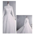 White lace wedding gown with long sleeve lace, high neckline, and intricate floral embroidery in a large tail bridal gown
