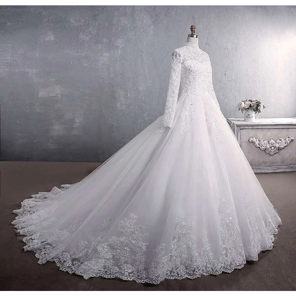 White lace wedding dress with long sleeve lace, high neckline, and intricate floral embroidery bridal gown with large tail