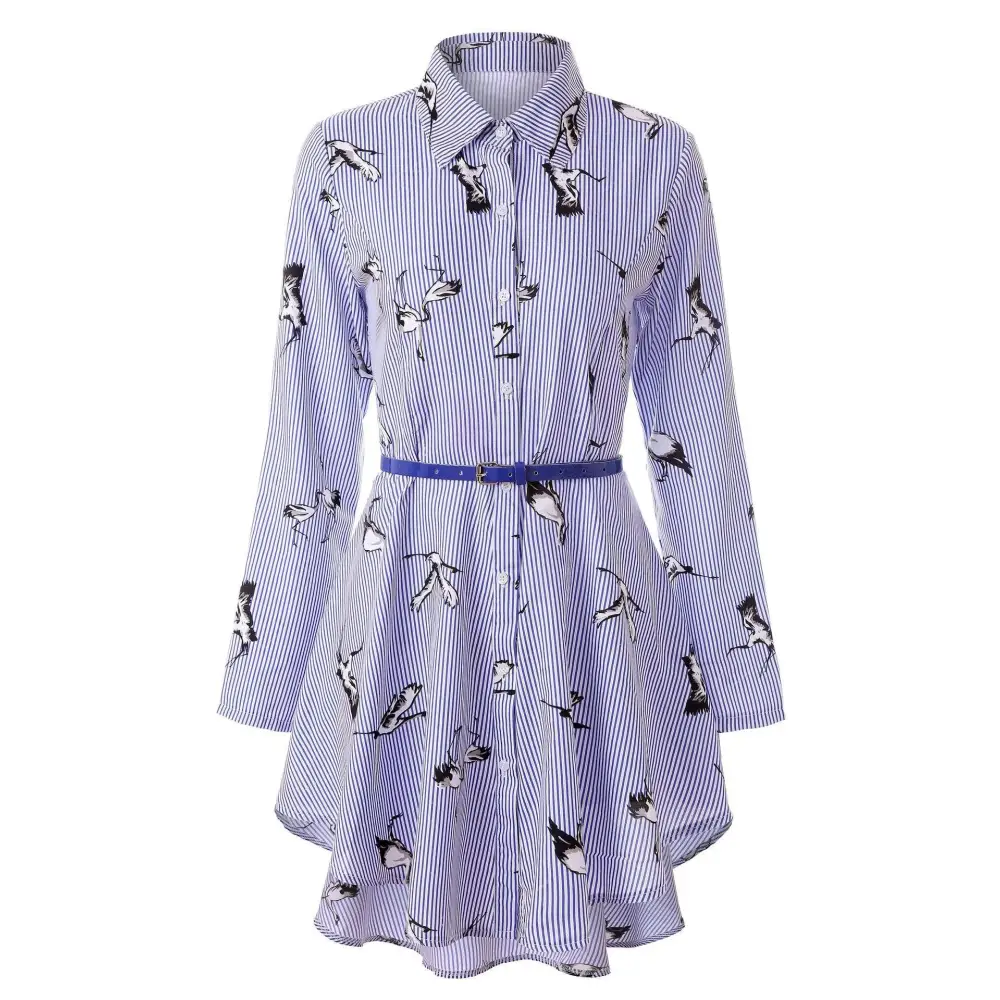 Long sleeve striped shirt dress in blue and white with a belted waist and asymmetrical hemline featuring bird illustrations