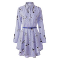 Purple and white long sleeve striped shirt dress with black bird illustrations cinched at the waist by a blue belt