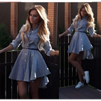Long sleeve striped shirt dress in blue and white with a belted waist and asymmetrical hemline featuring bird illustrations