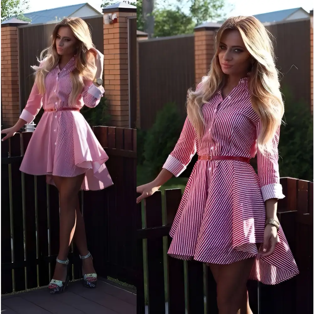 Long sleeve striped shirt dress in pink and white with button-up front, belted waist, and rolled cuffs featuring bird illustrations