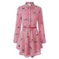 Long sleeve striped shirt dress in pink and white with black bird illustrations button-up front and matching belt