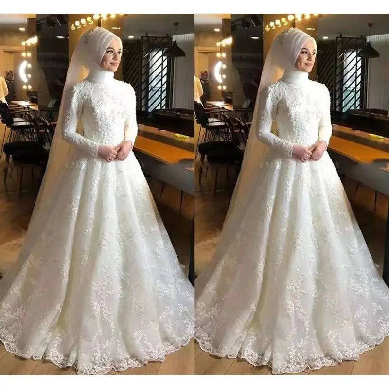 White lace dignified wedding dress featuring long sleeves and a high neckline for elegant bridal wear
