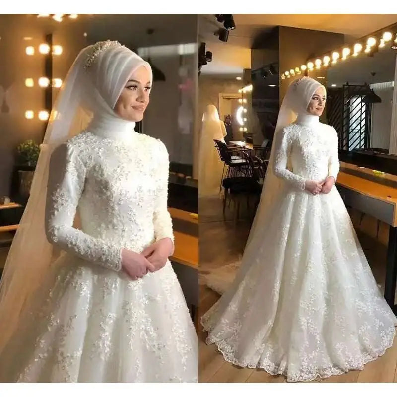 White lace dignified wedding dress featuring long sleeves and a high neckline for elegant bridal wear