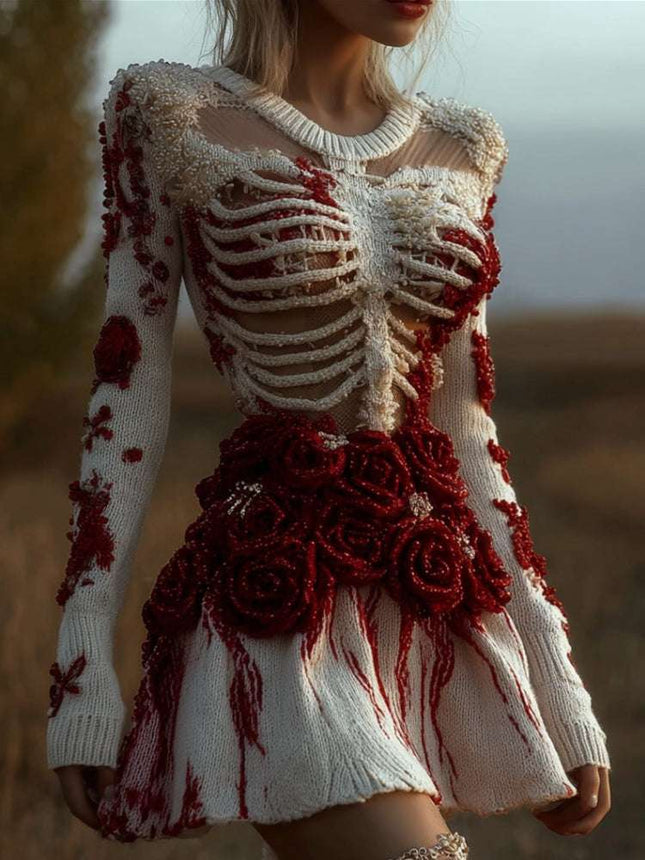 Long - sleeved Floral 3D - printed Dress With A Round Neckline - Royalessencelux