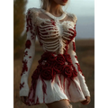A white long-sleeved floral 3d-printed dress with a skeletal ribcage design and red rose embellishments