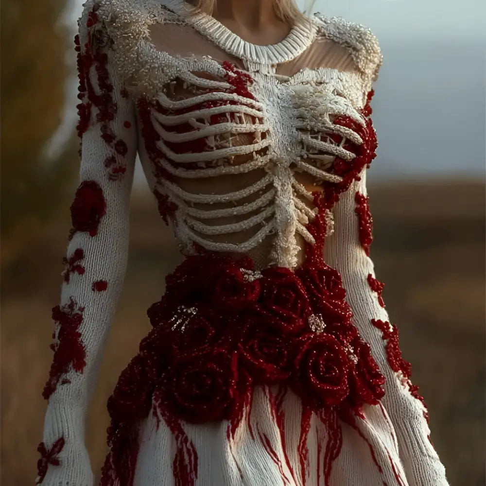 Long-sleeved floral 3d-printed white knitted dress with skeletal ribcage design and red rose embellishments