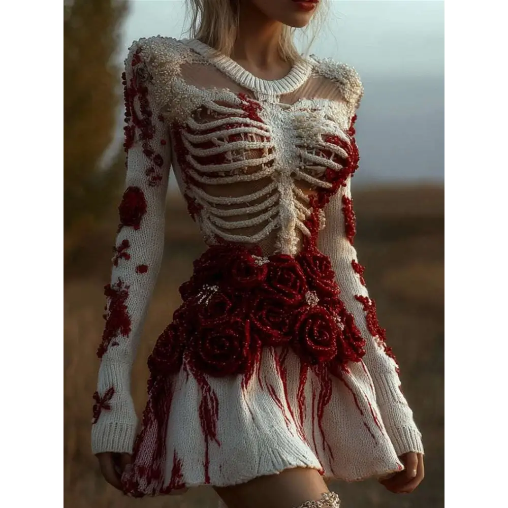 Long-sleeved floral 3d-printed white knitted dress with skeletal ribcage design and red rose embellishments