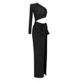 Black long sleeved elastic shoulder dress with one shoulder cutout waist and tied bow detail for elegant wear