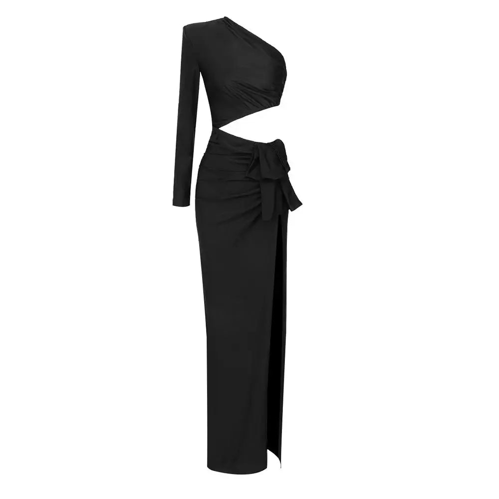 Black long sleeved elastic shoulder dress with one shoulder cutout waist and tied bow detail for elegant wear