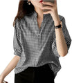 Black and white loose casual half sleeve plaid v neck blouse with three-quarter sleeves for everyday wear