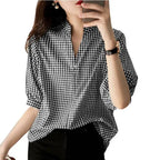 Black and white loose casual half sleeve plaid v neck blouse with three-quarter sleeves for everyday wear