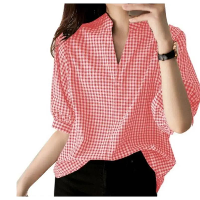 Black and white half sleeve plaid v neck blouse with relaxed fit and three quarter length sleeves for casual wear