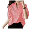 Red and white gingham half sleeve blouse with plaid v neck and loose casual fit perfect for everyday wear