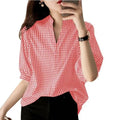 Loose casual half sleeve plaid v neck blouse in pink and white gingham check with slightly puffed shoulders