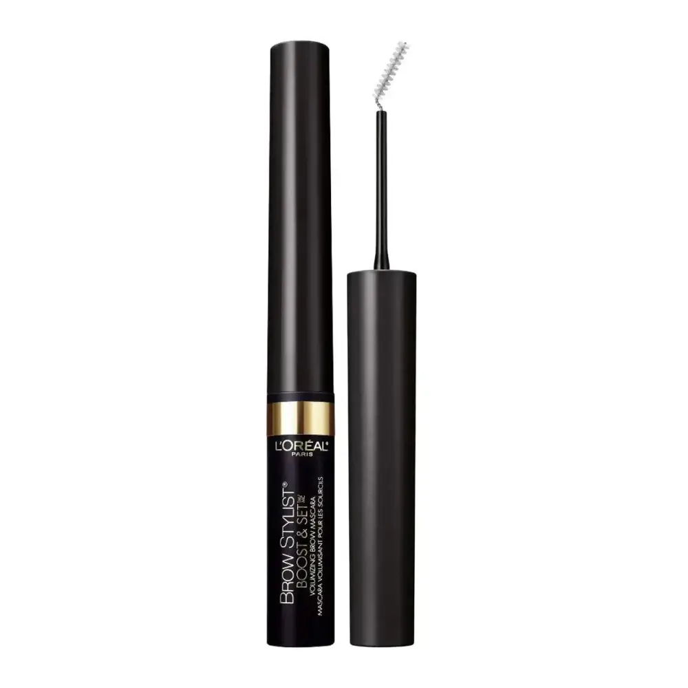 Black l’oréal paris brow stylist boost waterproof gel in sleek cylinder with gold band and spoolie applicator