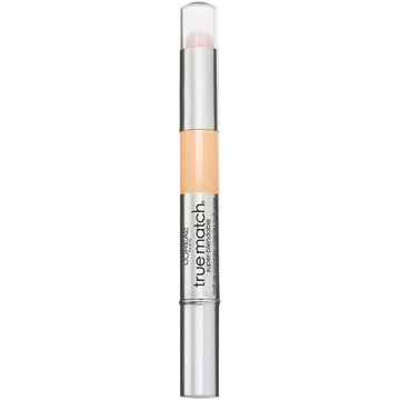 Loreal paris true match multi-use concealer stick in a sleek silver tube with peach-colored creamy concealer visible inside