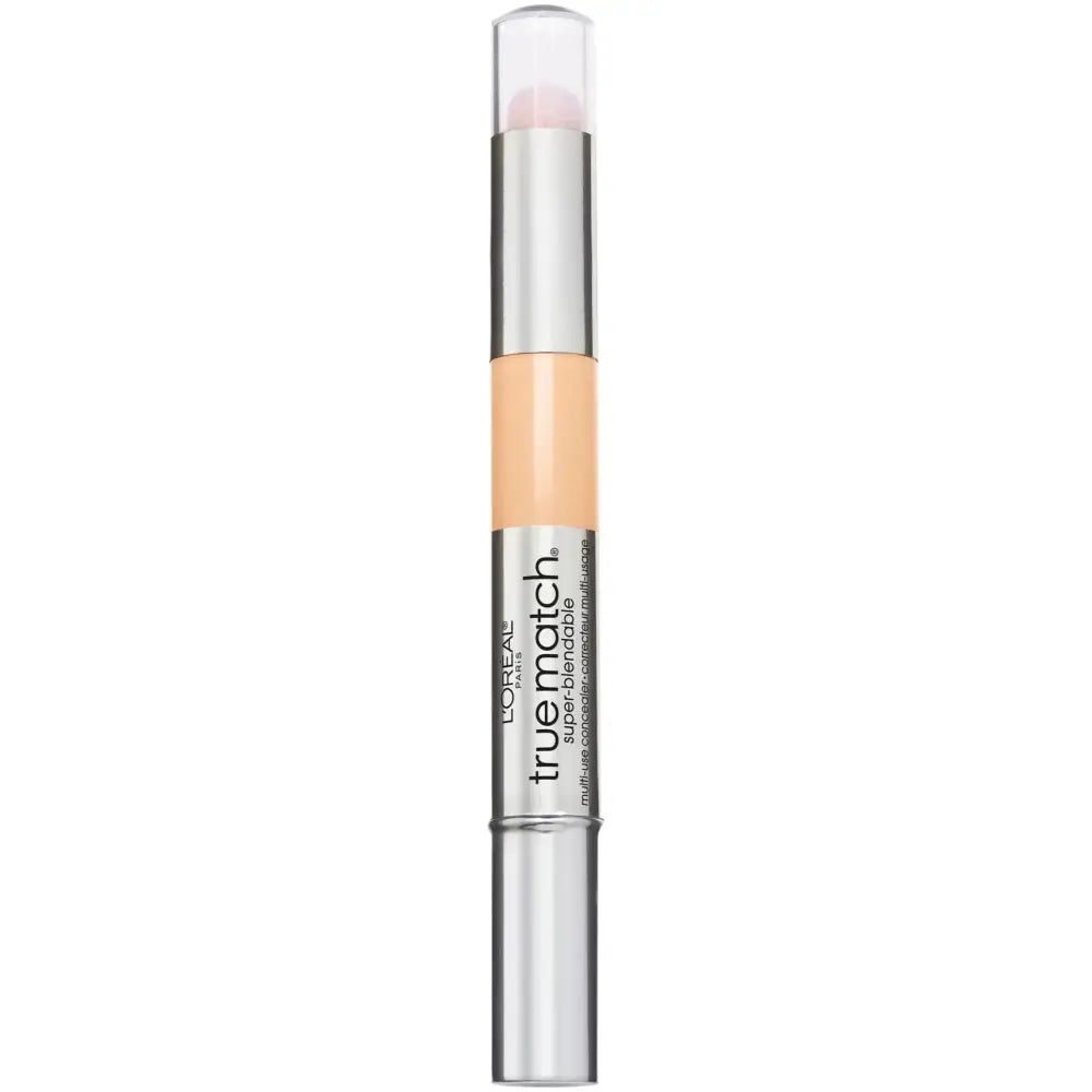 Loreal paris true match multi-use concealer stick in a sleek silver tube with peach-colored creamy concealer visible inside